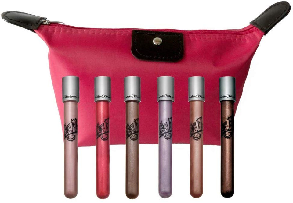 Set/Paquete de 6 KISS MANIAC brillo de labios (lipgloss) labial humectante con Vitamina E y Proteinas de Seda de Urban Colors con Cosmetiquera rosa incluida