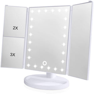 Skyera Espejo de Mesa, Espejo de Maquillaje Tríptico con Aumentos 1x, 2X, 3X, Espejo Cosmético Pantalla Táctil en Iluminacíon 22 Led, Carga con USB o Batería, Adjustable 180º