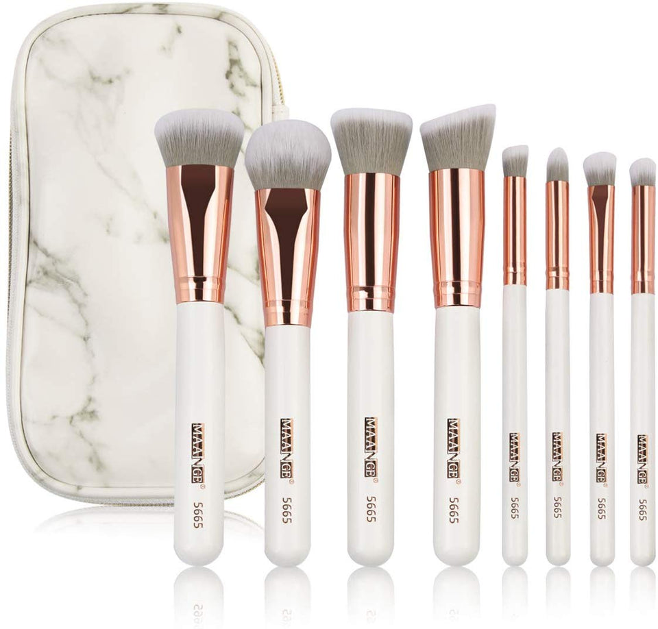 MAANGE Brochas de Maquillaje Pinceles Suavecitas Sintéticos 8 brochas profesionales Brochas para sombra de ojos y rostro Blush Brushes con bolsa de cosméticos（Rose Golden)