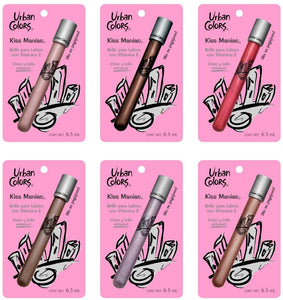 Set/Paquete de 6 KISS MANIAC brillo de labios (lipgloss) labial humectante con Vitamina E y Proteinas de Seda de Urban Colors con Cosmetiquera rosa incluida