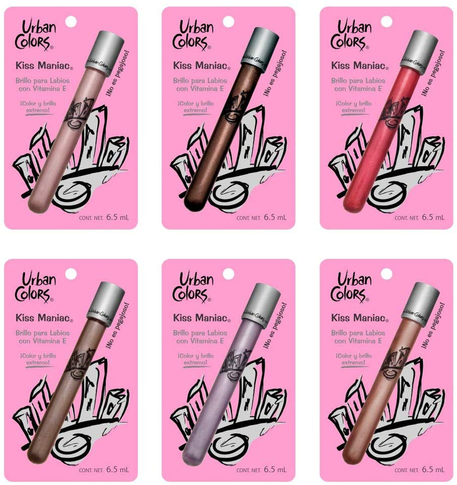 Set/Paquete de 6 KISS MANIAC brillo de labios (lipgloss) labial humectante con Vitamina E y Proteinas de Seda de Urban Colors con Cosmetiquera rosa incluida