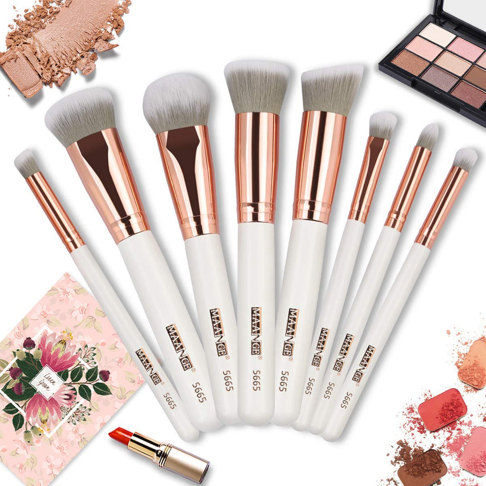 MAANGE Brochas de Maquillaje Pinceles Suavecitas Sintéticos 8 brochas profesionales Brochas para sombra de ojos y rostro Blush Brushes con bolsa de cosméticos（Rose Golden)