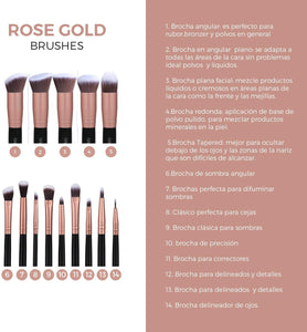 Makeupbox 14 Brochas de maquillaje kabuki Rose Gold Profesionales Gran Aplicación Suaves y Firmes%100 Veganas y cruelty fre (Negro)