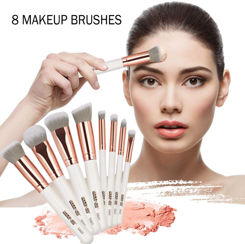 MAANGE Brochas de Maquillaje Pinceles Suavecitas Sintéticos 8 brochas profesionales Brochas para sombra de ojos y rostro Blush Brushes con bolsa de cosméticos（Rose Golden)