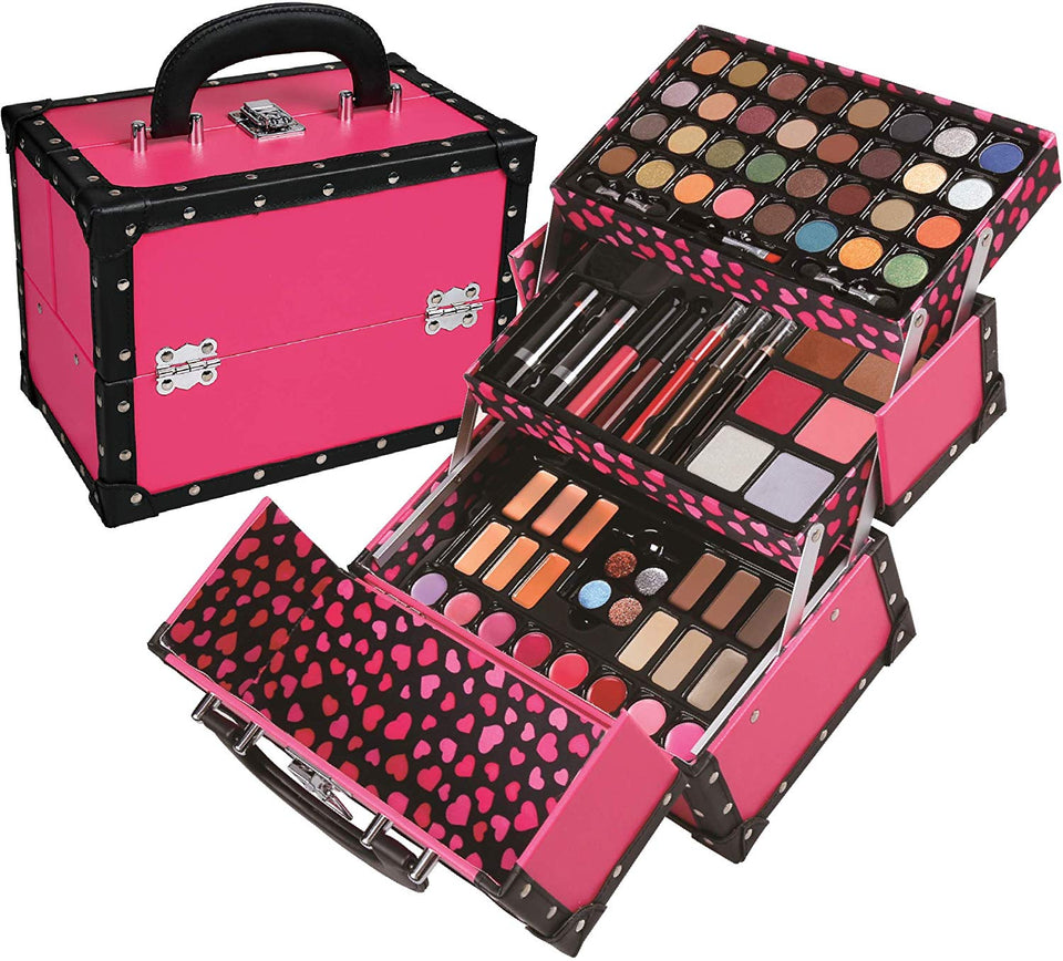 BR Carry All Trunk Train Case with Makeup and Reusable Case Makeup Gift Set (Pink)