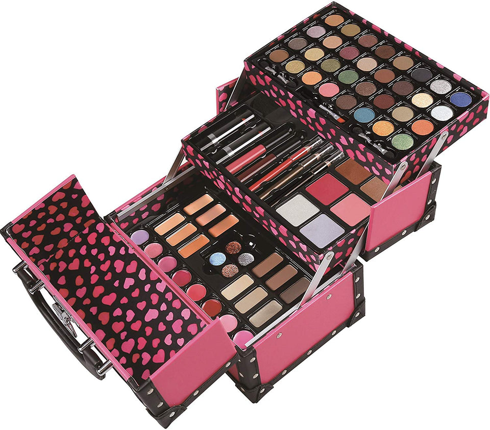 BR Carry All Trunk Train Case with Makeup and Reusable Case Makeup Gift Set (Pink)